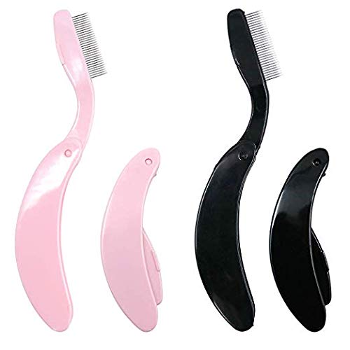 G2PLUS 4PCS Folding Eyelash Comb, Eyebrow Comb Metal Teeth, Eyelash Separator Comb, Eyelash Brush and Comb, Professional Tool for Define Lash & Brow (Pink+Black)