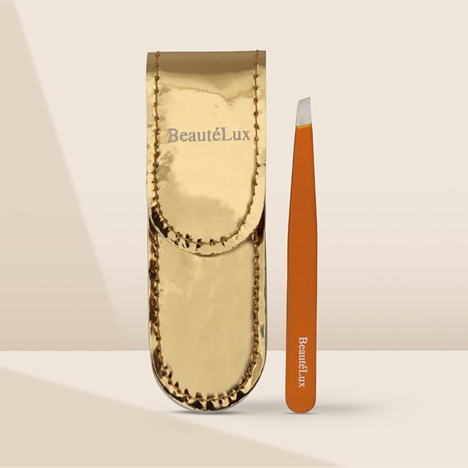 Slant Tip Eyebrow Tweezer for women & men – Stainless Steel Tweezers, Stocking Stuffer for women & men Facial Hair Removal tweezers for Chin hair, Ingrown Hair tweezer, Gold Travel tweezers with case