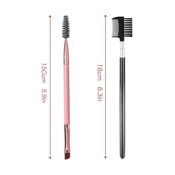 Duo Eyebrow Brush and Eyelash Comb Set - Professional Angled Brow Brush and Spoolie - Black and Pink