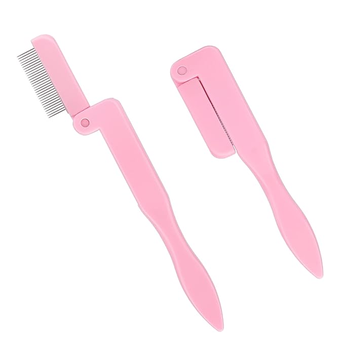 G2PLUS 2PCS Folding Eyelash Comb, Eyelash Separator Tool, Pink Eyebrow Comb Metal Teeth, Eyelash Brush Tool for Lash & Brow