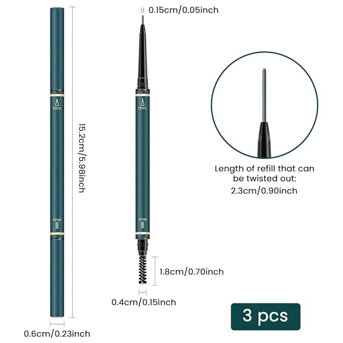 Fine Tip Eye Brow Pencils for Women, Ultra-Fine Mechanical Pencil with Eyebrow Brush,Draws Tiny Brow Hairs, 3 Pcs Waterproof Dual-Sided Defines, Fills Brows, Shapes, Contours, Combs-Smoky brown