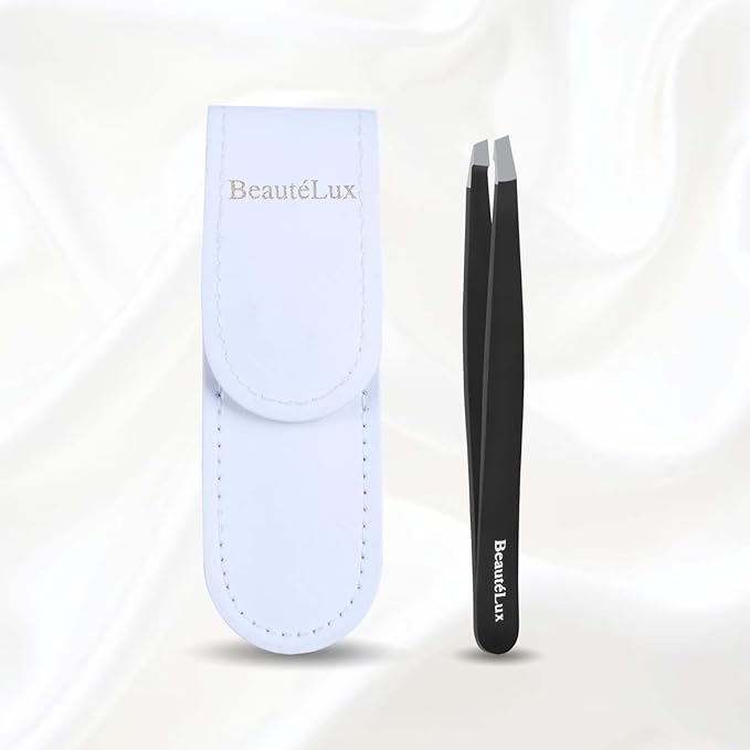 Slant Tip Eyebrow Tweezer for women & men – Stainless Steel Tweezers, Stocking Stuffer for women & men,Facial Hair Removal tweezers for Chin hair, Ingrown Hair tweezer, Black Travel tweezers with case
