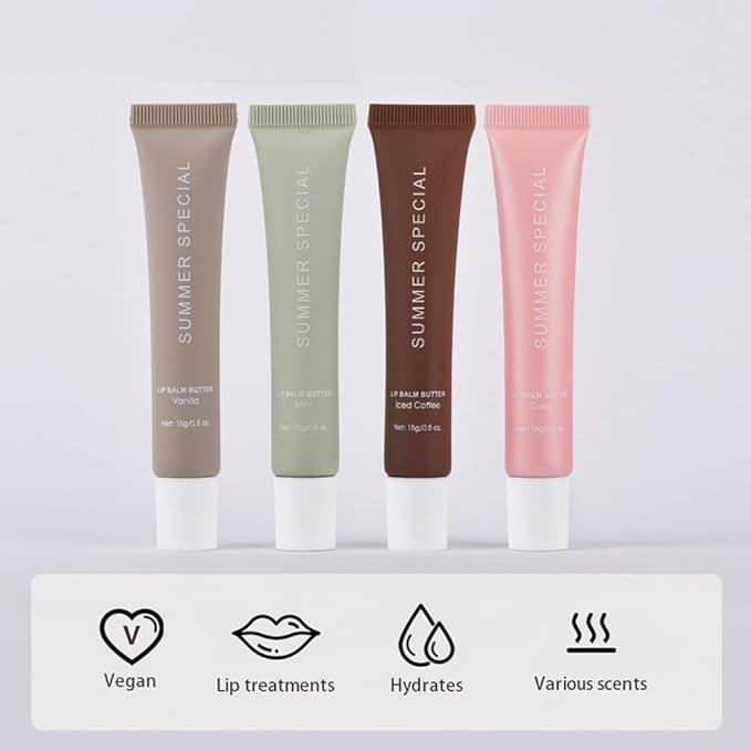 4Pcs Summer Lip Glossy Butter Balm Set, Instant Moisture Sheer Tint, Non-Sticky, Conditioning Formula to Soothe & Repair Dry, Chapped Lips, Jelly Lip Stain with Natural Scent (#1+2+3+4, 4Pcs)