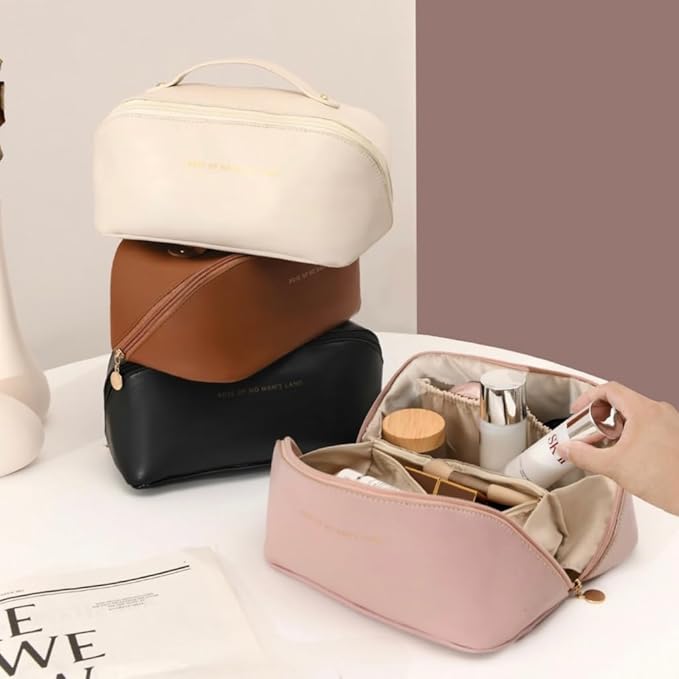 Large Capacity Makeup Bag Portable Travel Cosmetic Bag Opens Flat for Women Girls Makeup Pouch Portable Zipper Bag (Rose Pink)