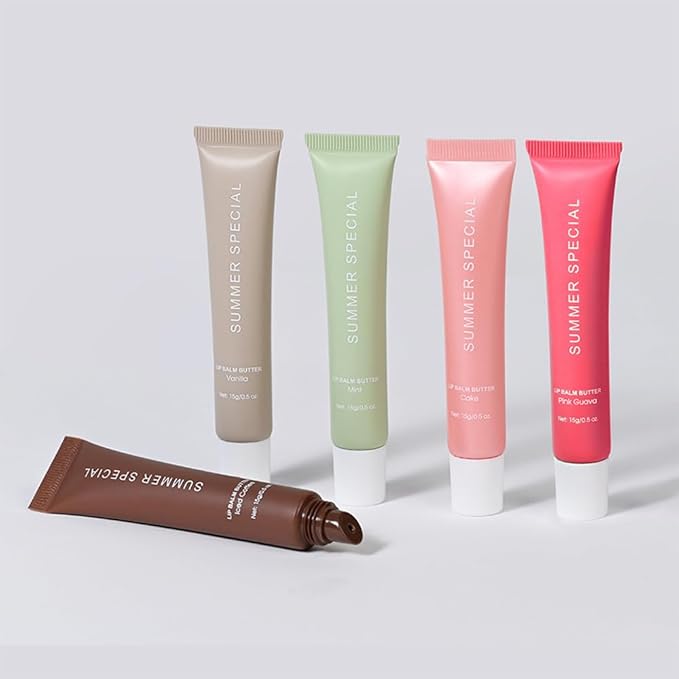 5Pcs Summer Lip Glossy Butter Balm Set, Instant Moisture Sheer Tint, Non-Sticky, Conditioning Formula to Soothe & Repair Dry, Chapped Lips, Jelly Lip Stain with Natural Scent (#1+2+3+4+5, 5Pcs)