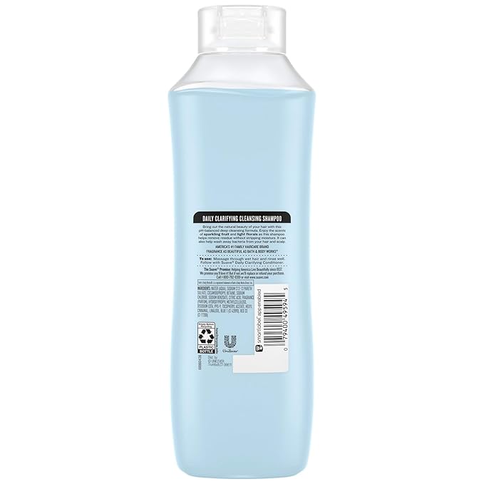 Suave Clarifying Shampoo, Family-Size – pH-Balanced & Hypoallergenic Daily Deep Cleansing Shampoo for Normal to Oily Hair, 22.5 Oz