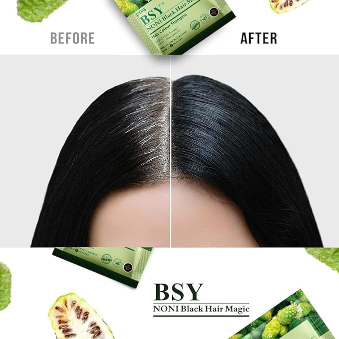 Hair Color Shampoo (12ml x 6 Sachets) | Ammonia-Free Natural Permanent Hair Color for Men and Women | 5 Minutes Noni Fruit Dye