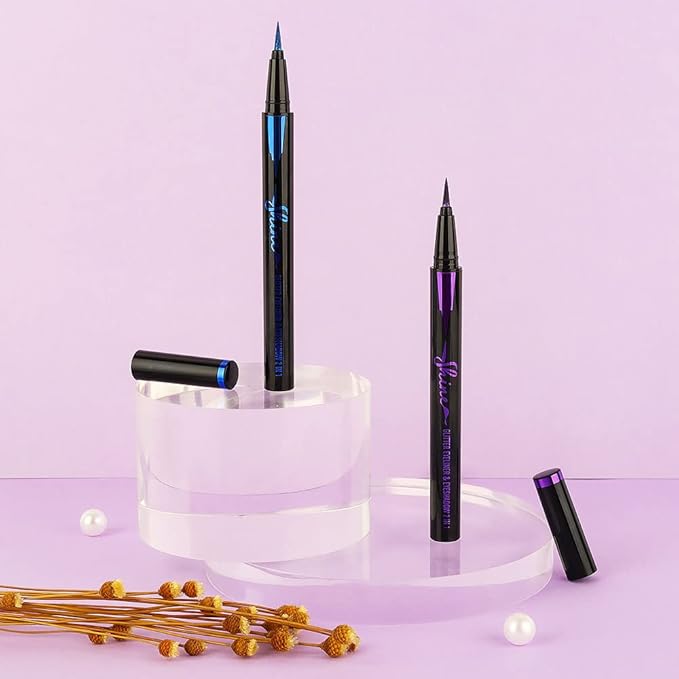 evpct 2Pcs Royal Blue & Purple Glitter Colored Liquid Eyeliner Eye Shadow Makeup Pencil Set, Purple Blue Face Body Glitter Makeup Fake Eyelashes Mascara, Sparkle Metallic Shimmer Eyeliner Waterproof