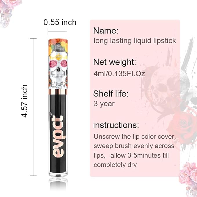 evpct 1Pcs Dark Black Matte Liquid Lipstick Lip Stain Sets for Women, Skull Face Halloween Matte+Lipstick Long Lasting Permanent 24 hr Hours Magic Lipstick 24 Hours original Waterproof, 19#