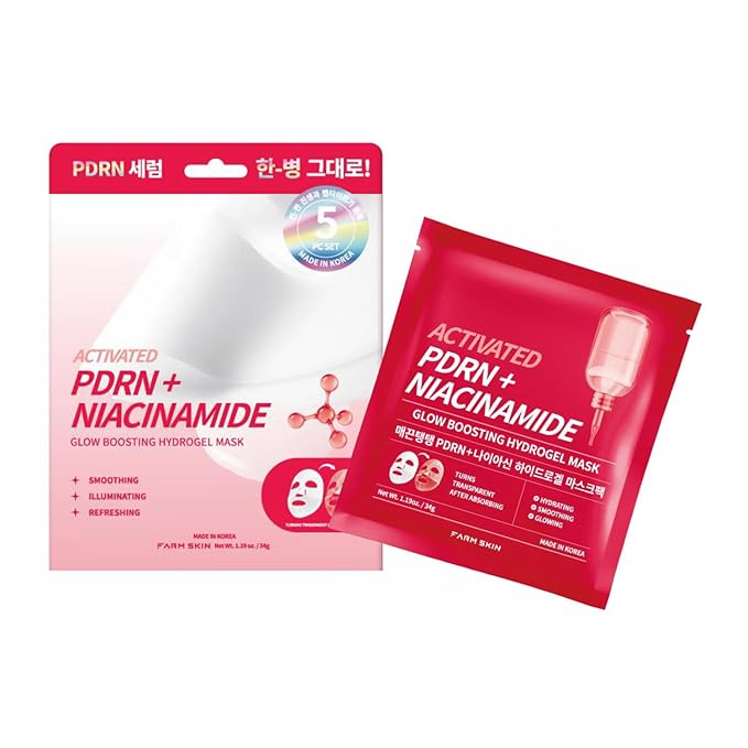 FARMSKIN Activated PDRN + Niacinamide Glow Boosting Hydrogel Mask Set - Refreshing & Hydrating Facial Masks for All Skin Types - Daily Korean Skin Care for Uneven Tone & Impurities (5EA, 1.19 oz)