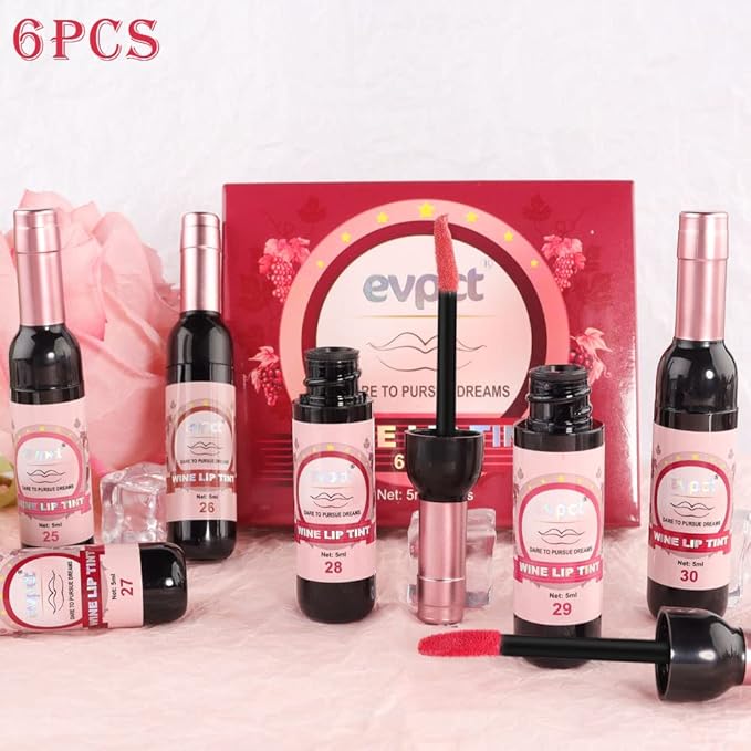 evpct Wine Lip Tint Stain 6 Colors Set Long Lasting Waterproof, Warm pink neutral Nude brown Deep cranberry Mauve pink Berry Wine Bottles Lip Tint Stain Peel off Liquid Lipstick Set, 05