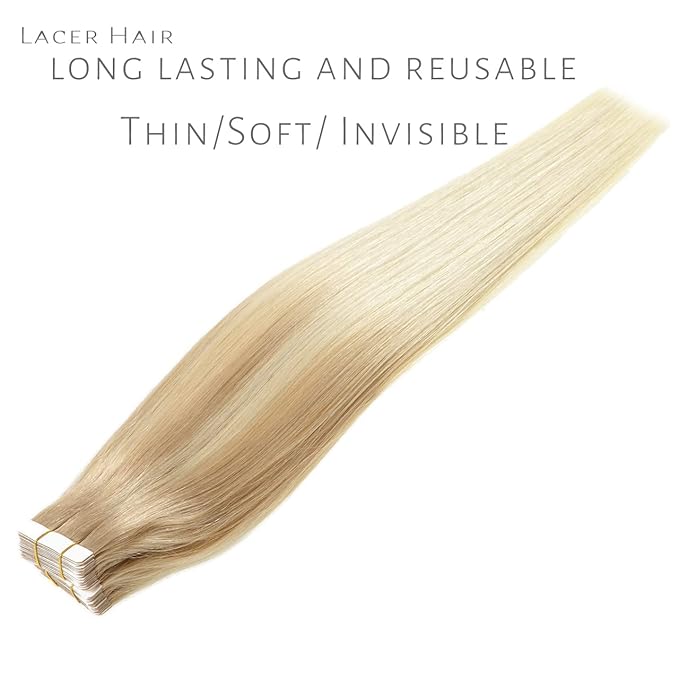 Lacer Glue in Hair Extensions 20 Pieces 50 Grams Human Hair Tape in Extensions Balayage Light Ash Blonde to Platinum Blonde B#13/60 18 Inch