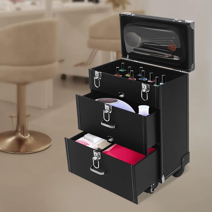 Makeup Train Case, Rolling Makeup Trolley Case, 3 Tiers Lockable Nail Polish Organizer with 2 Keys 4 Wheels (2 with Brakes) for Travel Makeup Artists Nail Technicians (Black Case, Silver Lock)