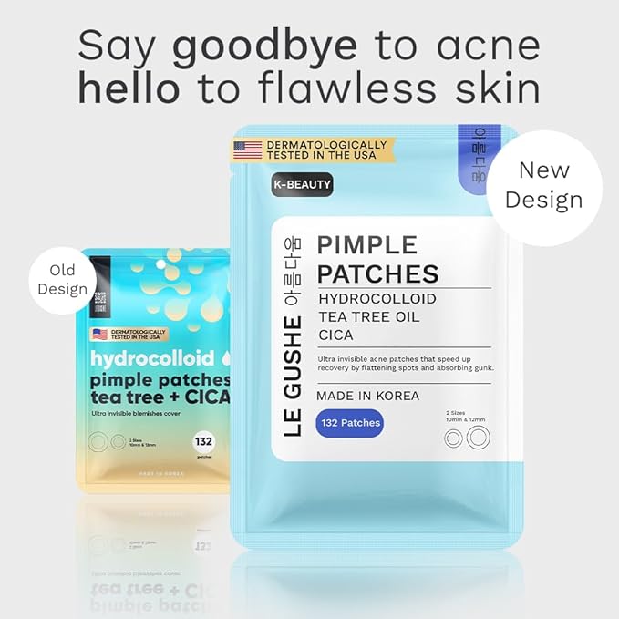 LE GUSHE Korean Pimple Patches for Face (132 Dots) - Hydrocolloid Acne Patches with Tea Tree Oil - Invisible Zit Stickers - Dermatologist Tested - Korean Skin Care