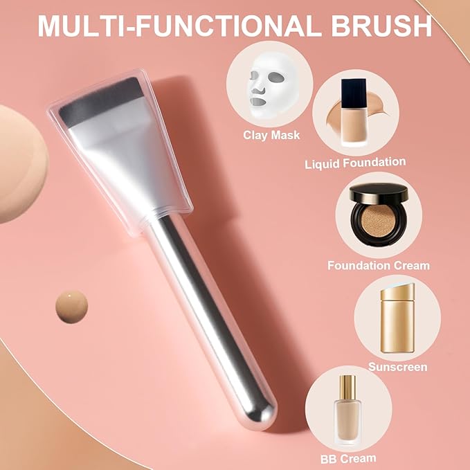 Flat Foundation Brush for Liquid Makeup,14CM Premium Fast Flawless Flat Top Kabuki Makeup Brushes Face Cosmetics Concealer Brush for Liquid, Blending, Powder, Cream, Powder, Blush, Buffing Silver