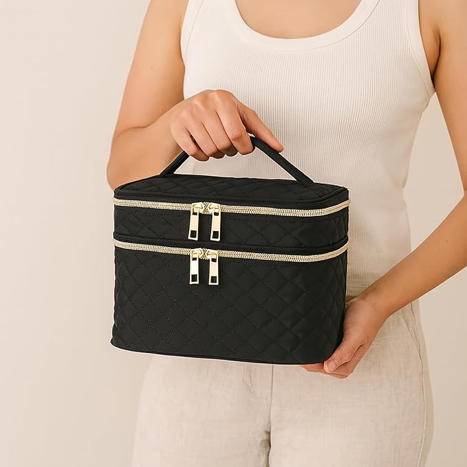 Travel Makeup Bag for Women Double Layer Large Cosmetic Case Water-resistant Toiletry Bag Organizer for Store Toiletries Cosmetic Accessories and Manicure Sets Black
