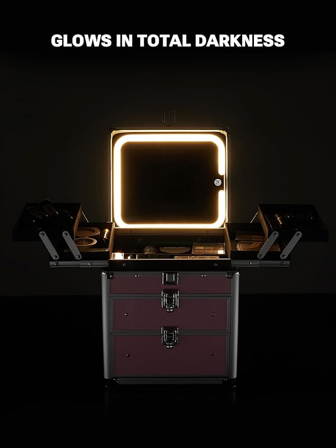Qislee Makeup Box with Double Drawers and Four Trays, A Detachable Lighted Mirror, Waterproof Travel Train Case, Cosmetic Organizer and Makeup Suitcase with Magnetic LED Mirror(ICY Pink)