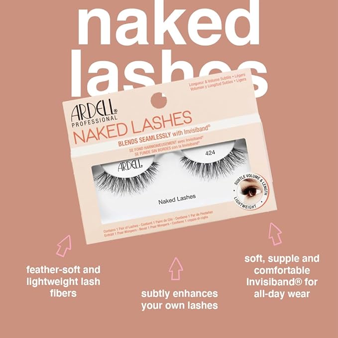 Ardell Naked Lashes #424, Strip Lashes Natural with Invisiband for Subtle Volume & Length, 4 Pairs, 1 Pack