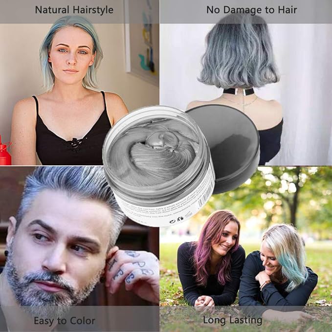 Silver Gray Hair Color Wax, Natural Hairstyle Wax 4.23 oz, Temporary Hairstyle Cream for Party, Cosplay, Halloween, Daily use, Date, Clubbing (Silver Grey)