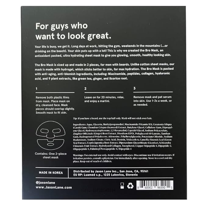 JAXON LANE BRO MASK Premium Korean Face Mask for Men (4 Pack) - Anti Aging Sheet Masks w/Hydrogel, Vitamin C, Hydrolyzed Collagen, & Hyaluronic Acid - Perfect Skin Care Stocking Stuffers for Men