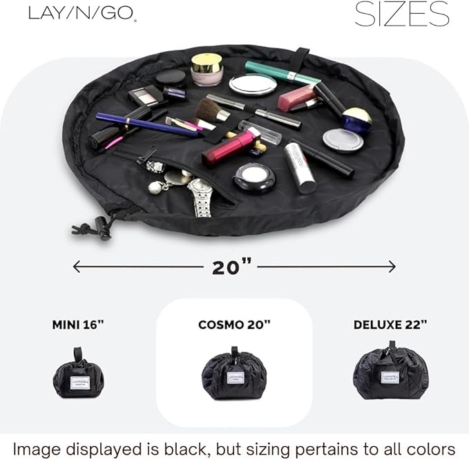 Lay-n-Go Cosmo Drawstring Cosmetic & Makeup Bag Organizer - Portable Drawstring Makeup Bag w/Zipper Pocket, Makeup Loops & More - Durable, Machine Washable Toiletry Bag (20", Comfort/Black Sherpa)