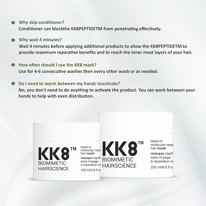 KK8 Molecular Repair Hair Mask Leave-In Molecular Repair Hair Mask, Vegan Formula, 200mL/6.8 fl oz, 4-Minute Treatment for All Hair Types