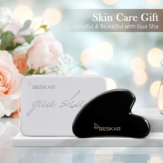 BESKAR Gua Sha Facial Tools, Natural Jade Stone Guasha Massager for Jawline Sculpting, Tighten Face Skin and Reduce Wrinkles, Face Eyes Body Neck Massage Tool, Skin Care Gift (Black)