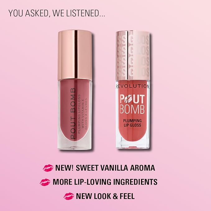 Revolution Beauty London, Pout Bomb Plumping Lip Gloss, High-Shine for Glossy, Fuller & Plump Lips with Hyaluronic Acid & Peptides, Vegan & Cruelty-Free, Deep Rosewood Rose Pink, 0.15 fl oz