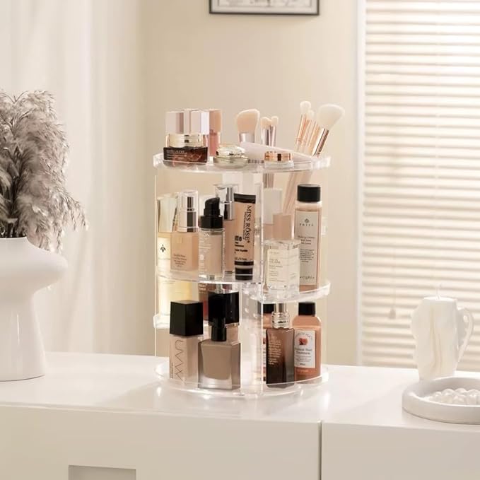 Acrylic Rotating Makeup Organizer for Vanity Counter - Clear Cosmetic Storage Tray with Drawers, Jewelry & Brush Holder DIY 8 Adjustable Layers 360 Spinning