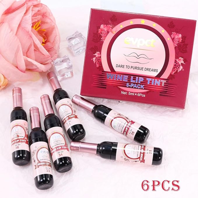 evpct Wine Bottle Lip Tint Stain 6 Colors Set Ruby Red Chestnut Nude Brown Mauve Plum Purple Matte Long Lasting 24 Hour Liquid Lipstick Set for Women labiales mate 24 horas originales labiales magicos