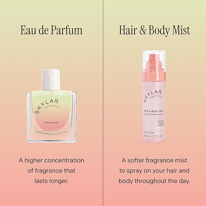 Skylar Peach Fields Hair & Body Mist | Hypoallergenic & Clean Fragrance | Vegan, Cruelty Free, and Safe For Sensitive Skin | 80 ML, 2.7 Fl Oz