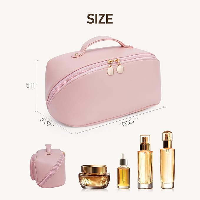 Large Capacity Cosmetic Bag for Women, Waterproof PU Leather Makeup Bag for Travel,Toiletry Bag Make up Organizer with Divider and Handle (Pink)