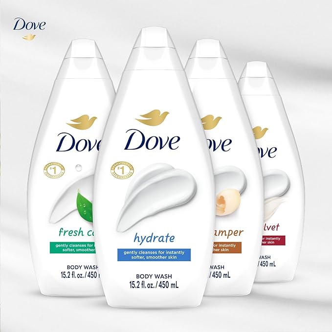 Dove Body Wash Variety 6-Pack – Hydrate, Gentle Pamper, Fresh Care, and Silky Velvet, 15.2 Oz Ea