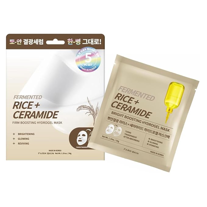 FARMSKIN Fermented Rice + Ceramide Bright Boosting Hydrogel Mask Set - Refreshing & Hydrating Facial Masks for All Skin Types - Daily Korean Skin Care for Uneven Skin Tone & Impurities (5EA, 1.19 oz)