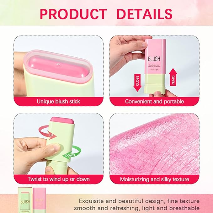Multi-Use Makeup Blush Stick, Cream Blush Stick, Tinted Solid Moisturizer Stick for Cheek & Eyes & Lips, Waterproof Natural Nude Makeup, Suitable for All Skin (1#Shy Pink)