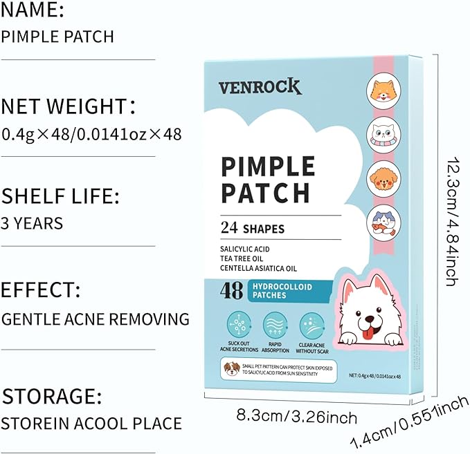 VENROCK Pimple Patches for face,24 Cute Pet Shapes 48 Count Hydrocolloid Acne Treatment for Covering Zits & Blemishes Spot for Kids & Adults, with Salicylic Acid, Tea Tree Oil, Centella Asiatica Oil