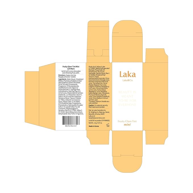 Laka Fruity Glam Tint, 4.5g/0.15oz, Glowing Lip Stain with Wide Color Spectrum, Hydrating & Lightweight Texture, Long-Lasting Bold Stain, Non-Sticky, Vegan, K-Beauty (#124 Maro)