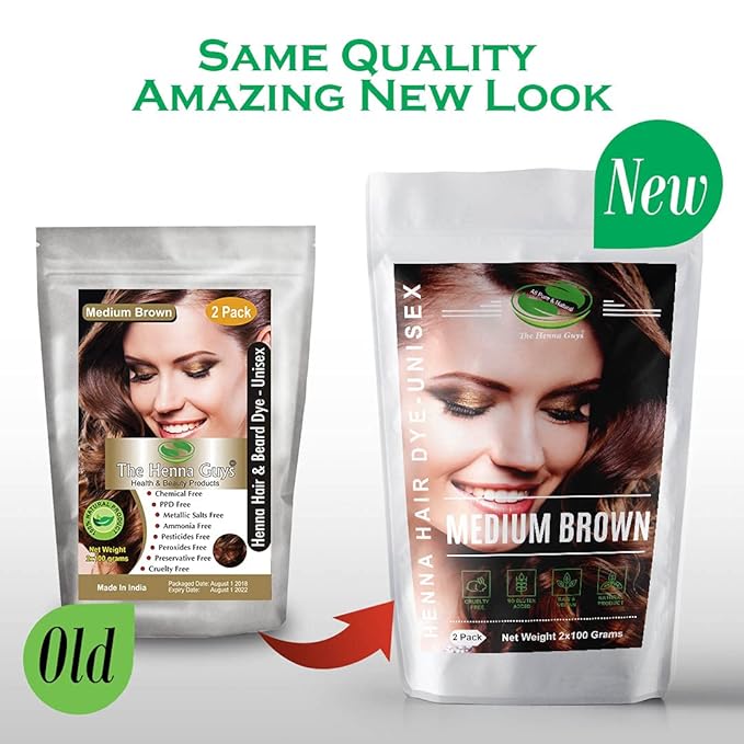 Henna Hair & Beard Dye - 100% Natural & Chemical Free - The Henna Guys (2 Pack, Medium Brown)