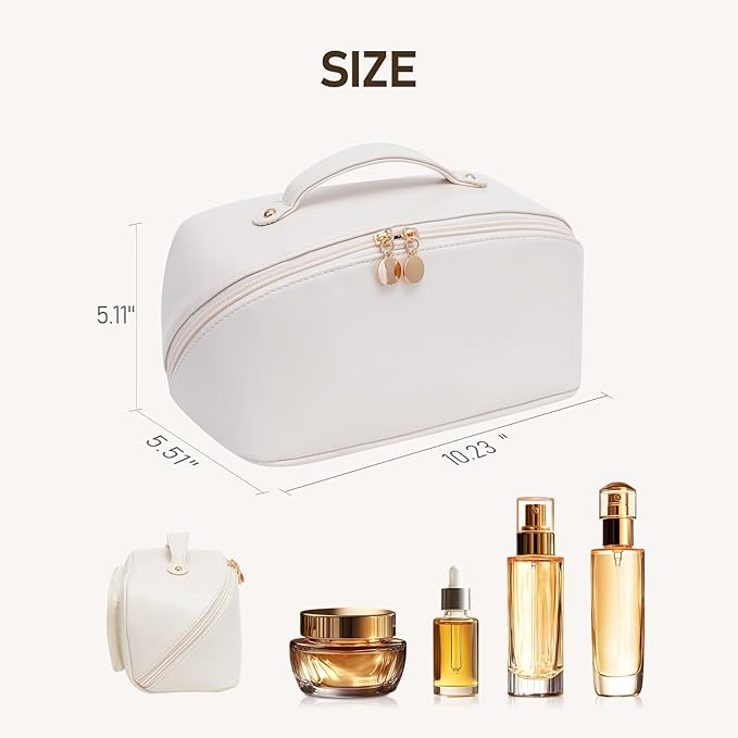 Large Capacity Cosmetic Bag for Women, Waterproof PU Leather Makeup Bag for Travel,Toiletry Bag Make up Organizer with Divider and Handle (White)