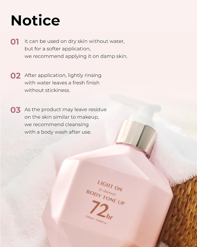 BOM Light On In Shower Body Tone Up Lotion 9.80 fl.oz, Lightweight Non-Greasy Moisturizer, Peach, Milk Protein, Rose, Yogurt Extracts, Long Lasting Body Shower Lotion, Hypoallergenic Korean Skincare