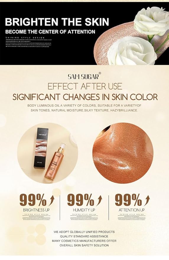 SAM SUGAR Shimmer Body Oil 3.38 Fl OZ Long Lasting Liquid Illuminator with Brush for Body Glow Illuminating Body Moisturizer 100ml Body & Face Highlighter for a Radiant Glow(04#)