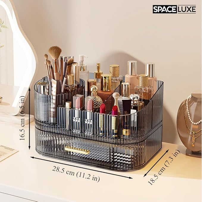 Makeup Organizer with Drawers and 360° Rotating Brush Holder, Large Capacity Cosmetic Storage for Vanity, Skincare, Perfume, Hair Accessories, Lipstick & Jewelry (Transparent Gray, 2-layer)