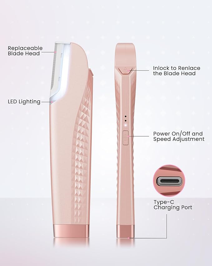 Dermaplane Razor For Women Face, 3 Adjustable Dermaplaning Tool, Facial Hair Removal Razors with Led Light for Peach Fuzz,Rechargeable Sonicsmooth Facial Hair Remover with 8 Replacement Blades (Pink)