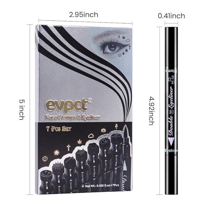 evpct 7Pcs Colored Eye Liners Face Stamp Cosplay Gothic Makeup Set Kit Accessories, Black Brown Purple Blue Red Pink Green Stamps Eyeliner, Star Flowers Heart Moon Triangle Lightning Butterfly Stamp