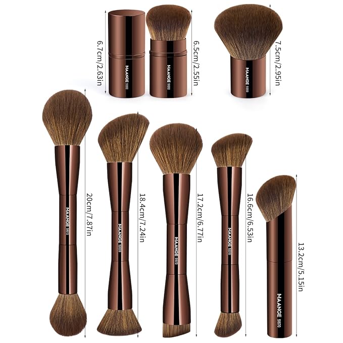 MAANGE 7pcs Makeup Brush Set Double Sided Kabuki Makeup Brushes Contour Brush for Foundation Liquid Powder Concealer Cream Cosmetics Bronzer Blending Blush Buffing Makeup Tools (Brown)