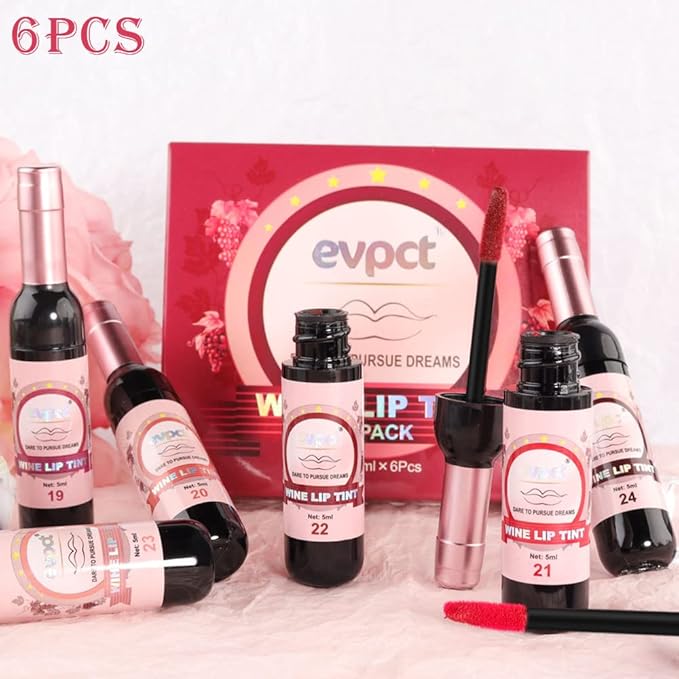 evpct Wine Lip Tint Stain 6 colors Set Long Lasting Waterproof, Mauve Light rosey nude Ruby red Dark red Light pink beige Red brown 6 Wine Bottles Shades Colored Lip Tint Stain Liquid Lipstick Set 04