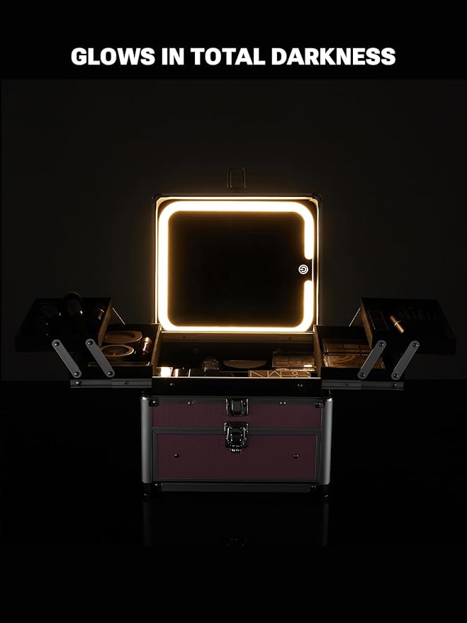 Qislee Makeup Box with Drawer and Four Trays, A Detachable Lighted Mirror, Waterproof Travel Train Case, Cosmetic Organizer and Makeup Suitcase with Magnetic LED Mirror(Sparkling Blue)