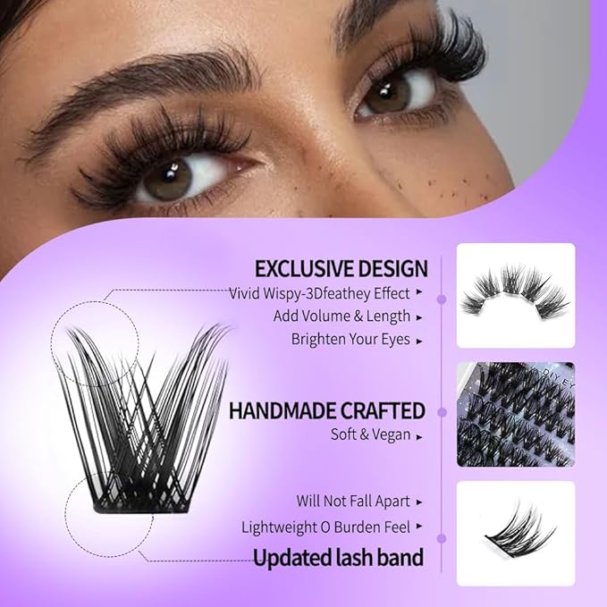 DIY Lash Clusters Kit Lash Extension Kit Natural Volume Lash Extensions Wispy Eyelash Clusters Faux Mink Fiber Lashes Individual Lashes Kit,9-16mm,D Curl,3#L+S08