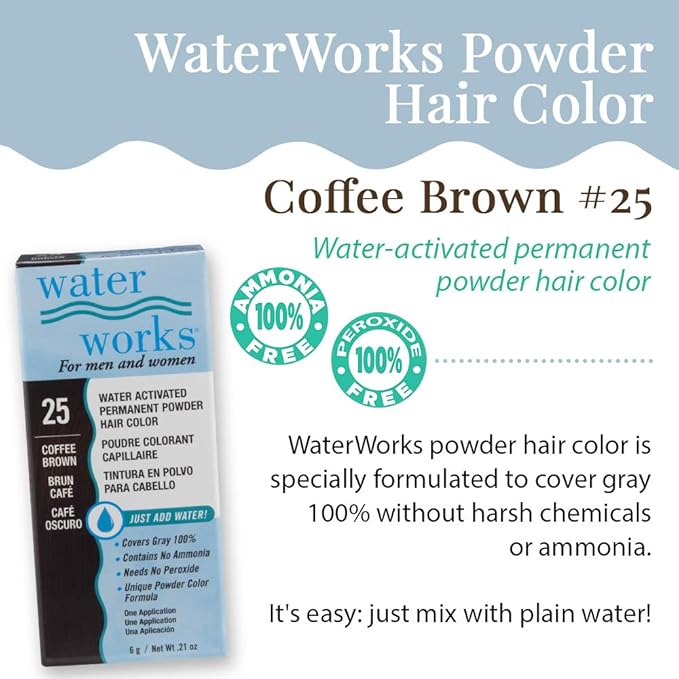 Water Works Hair Color Powder, Coffee Brown – Permanent Hair Dye for Root Touch-Up & Full Coverage, Men & Women, 3 Pack