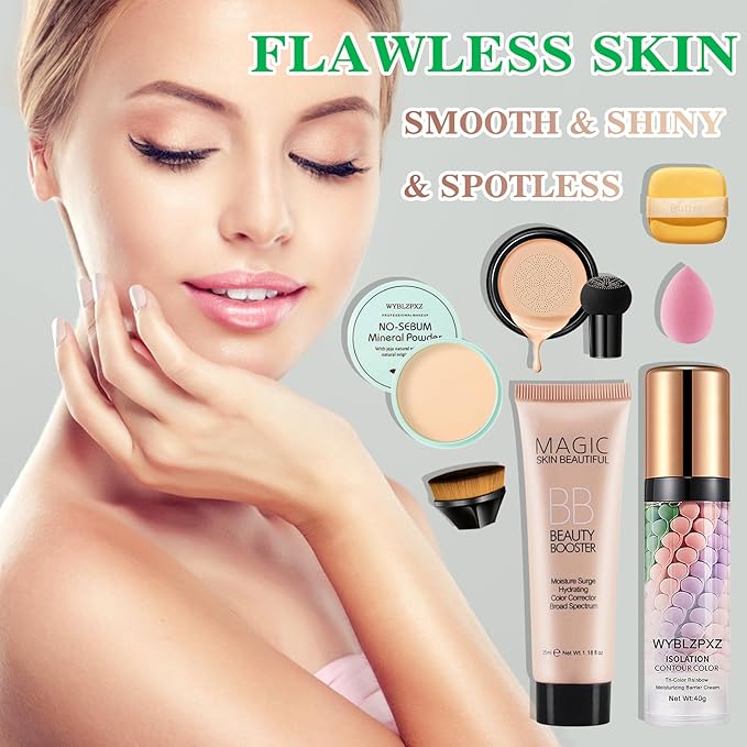 Mushroom Head Air Cushion CC Cream + BB Cream + Tri-color Color Corrector Foundation Set - Moisturizing Full Coverage Foundation Concealer Lasting Foundation Makeup Base Primer (7 Pcs)